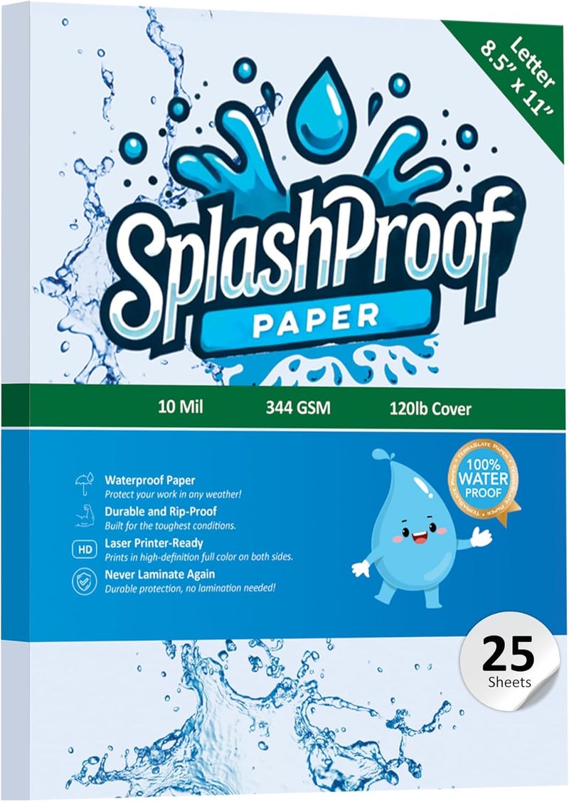 SplashProof Printer Paper - 8.5" x 11", 10 Mil Waterproof Paper, Laser Printer & Copy Machine Compatible (25 Sheets) - Image 1